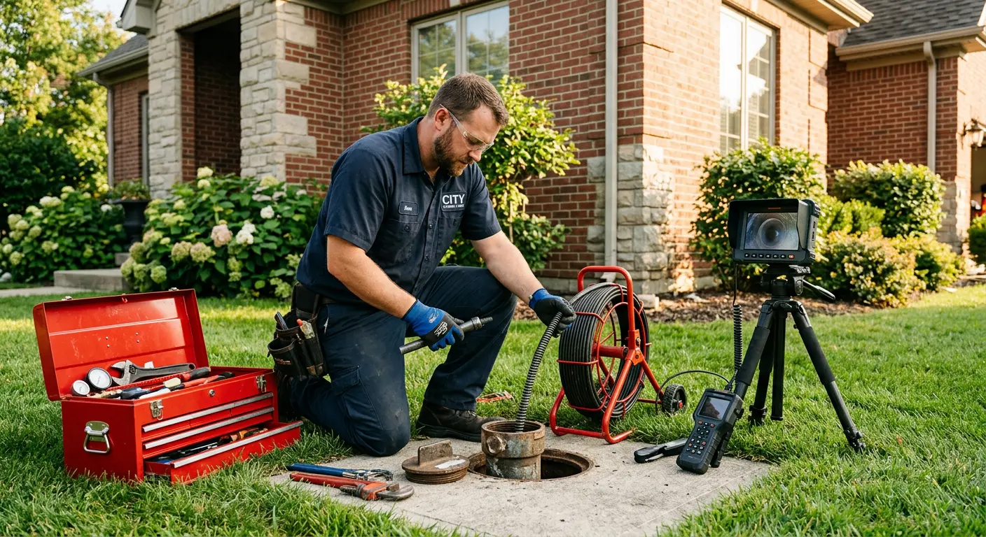 Sewer specialist with camera equipment servicing a cleanout in Palmetto