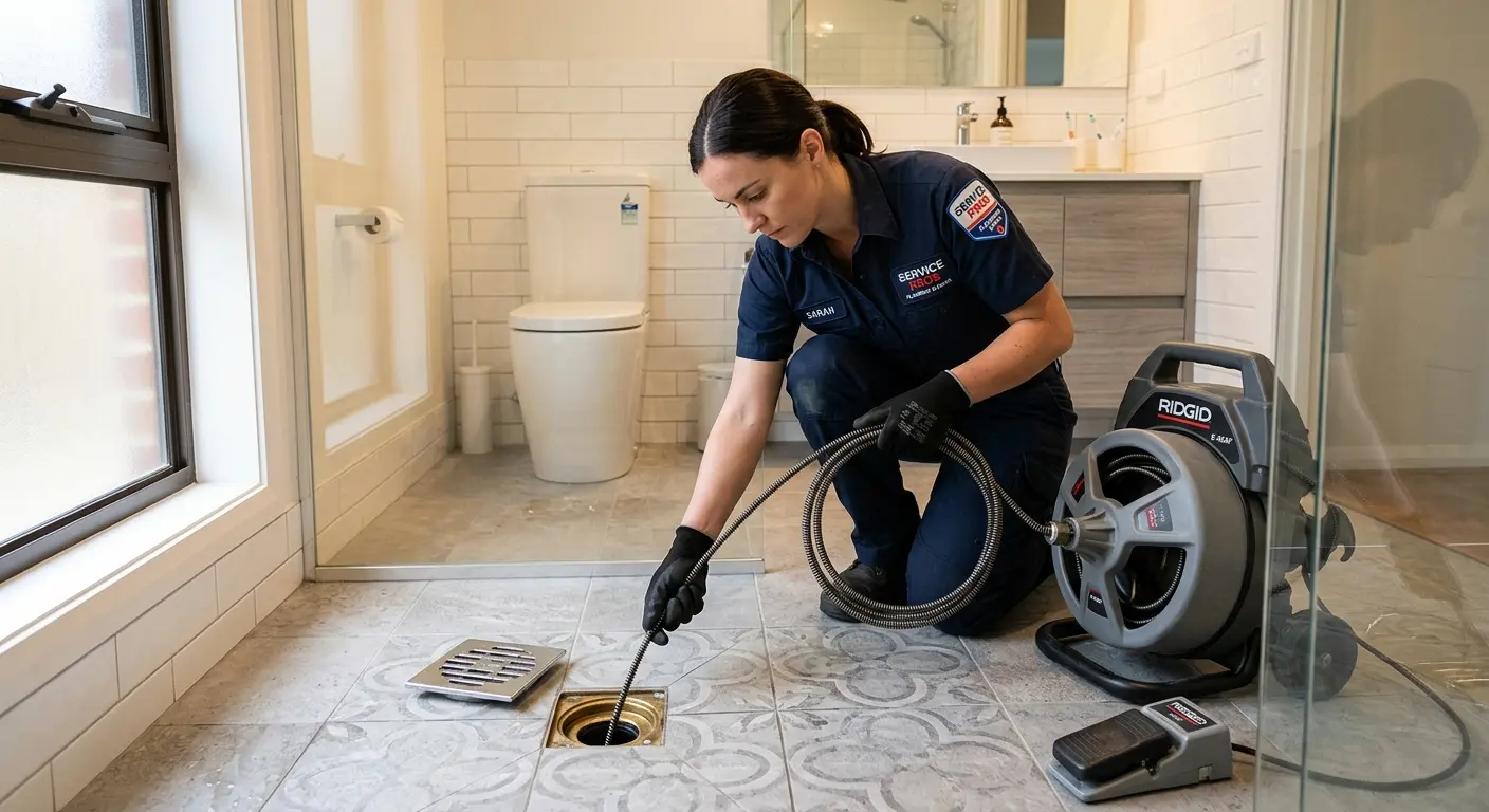 Technician clearing a bathroom floor drain for Sewer Line Installation in Palmetto